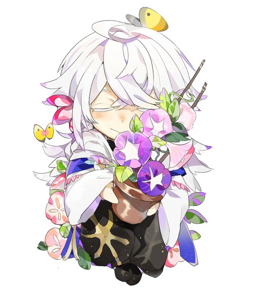 Anime picture 800x900 with fate (series) fate/stay night merlin (fate) emera single long hair tall image fringe simple background smile hair between eyes white background holding full body white hair eyes closed chibi boy flower (flowers) insect