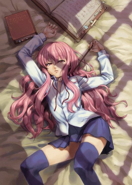 Anime picture 857x1200 with zero no tsukaima j.c. staff louise francoise le blanc de la valliere cozy single long hair tall image looking at viewer pink hair lying pink eyes shadow zettai ryouiki tsundere girl thighhighs skirt miniskirt shirt book (books)
