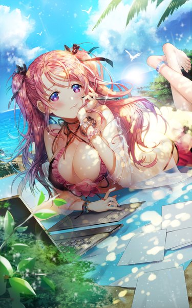 Anime picture 932x1492 with original aile (crossroads) single long hair tall image looking at viewer blush breasts light erotic large breasts twintails pink hair purple hair beach girl ribbon (ribbons) swimsuit hair ribbon bikini laptop