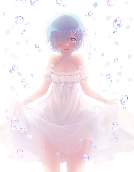 Anime picture 1093x1400 with re:zero kara hajimeru isekai seikatsu white fox rem (re:zero) shouu-kun single tall image looking at viewer blush fringe short hair breasts open mouth blue eyes simple background standing white background bare shoulders blue hair cleavage blurry