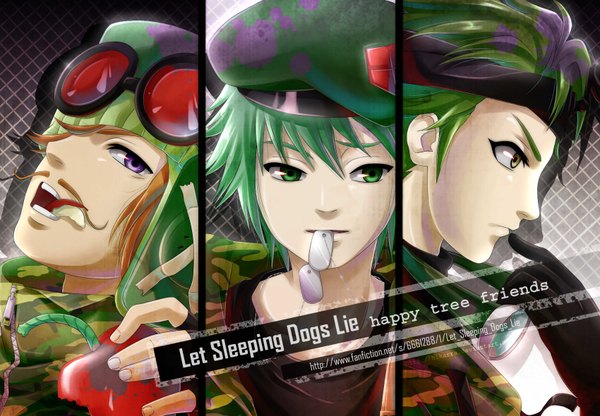 Anime picture 1700x1179 with happy tree friends flippy sneaky mouse ka-boom ka-pow short hair blonde hair purple eyes green eyes yellow eyes green hair multiple boys finger to mouth multiview personification boy gloves uniform glasses beret
