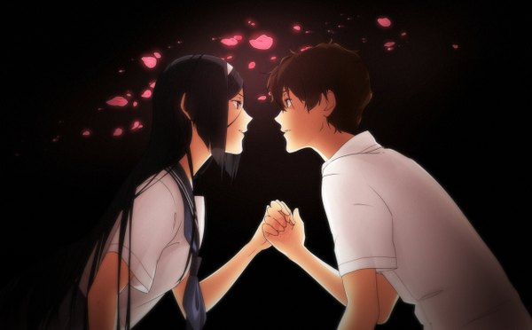 Anime picture 1283x797 with hyouka kyoto animation oreki houtarou irisu fuyumi revolmxd long hair short hair blue eyes black hair brown hair wide image purple eyes profile couple dark background girl boy shirt petals serafuku