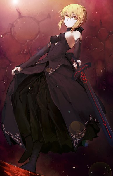 Anime picture 775x1200 with fate (series) fate/grand order fate/stay night artoria pendragon (all) saber saber alter zen33n single tall image looking at viewer short hair light erotic blonde hair standing bare shoulders holding yellow eyes full body bent knee (knees) braid (braids)