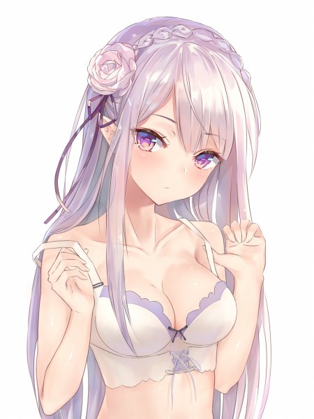 Anime picture 900x1200 with re:zero kara hajimeru isekai seikatsu white fox emilia (re:zero) aimee (origin) single long hair tall image looking at viewer blush breasts light erotic purple eyes silver hair hair flower pointy ears girl flower (flowers) lingerie bra