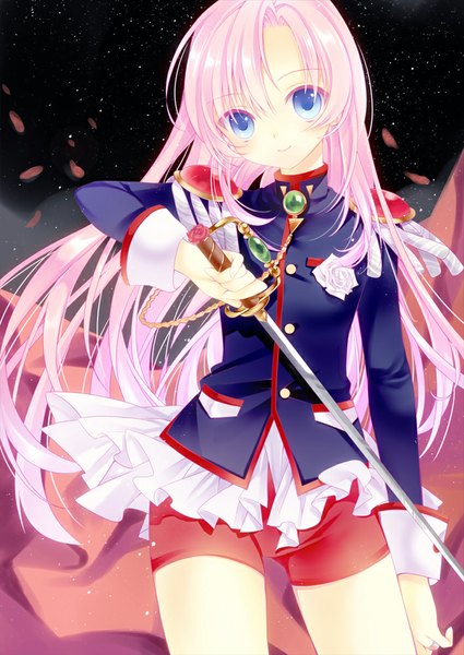 Anime picture 708x1000 with revolutionary girl utena j.c. staff tenjou utena puu (kari---ume) single long hair tall image looking at viewer smile purple eyes pink hair girl weapon petals sword leggings