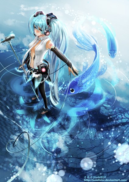 Anime picture 1061x1500 with vocaloid vocaloid append hatsune miku (append) ilmkilt (junefeier) long hair tall image twintails very long hair girl water headphones fish (fishes) microphone microphone stand
