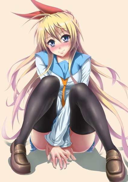 Anime picture 2480x3508 with nisekoi shaft (studio) kirisaki chitoge vanzan single long hair tall image looking at viewer blush highres blue eyes light erotic blonde hair simple background smile white background girl thighhighs uniform ribbon (ribbons)