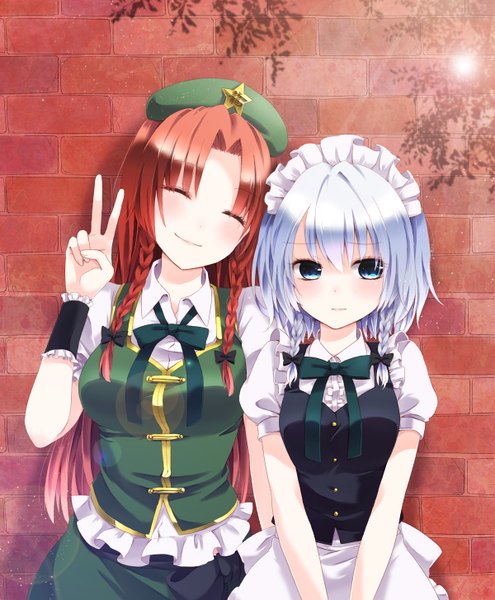 Anime picture 1200x1454 with touhou izayoi sakuya hong meiling chitose (usacan) long hair tall image blush short hair blue eyes smile multiple girls white hair red hair braid (braids) eyes closed maid twin braids girl dress bow