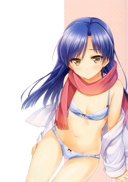 Anime picture 2114x3000 with idolmaster kisaragi chihaya k.y ko single long hair tall image looking at viewer highres light erotic brown eyes blue hair underwear only girl navel underwear panties lingerie bra scarf blue panties