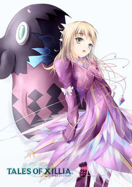 Anime picture 2480x3508 with tales of (series) elize lutus tipo (xillia) garyljq single long hair tall image highres open mouth simple background blonde hair white background green eyes copyright name girl dress