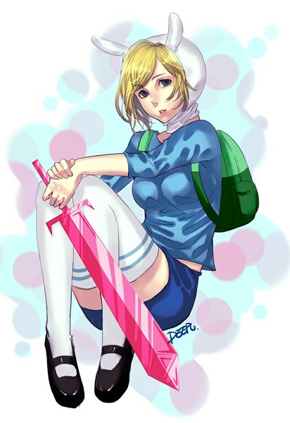 Anime picture 714x1038 with adventure time fionna (adventure time) deer (deer423-81) single tall image looking at viewer fringe breasts blue eyes blonde hair holding bent knee (knees) girl thighhighs weapon white thighhighs sword shoes bag backpack