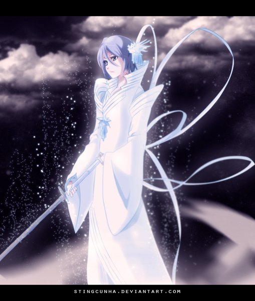 Anime picture 1024x1208 with bleach studio pierrot kuchiki rukia stingcunha single tall image standing purple eyes holding looking away purple hair alternate costume coloring snowing letterboxed snow alternate hairstyle alternate color girl hair ornament