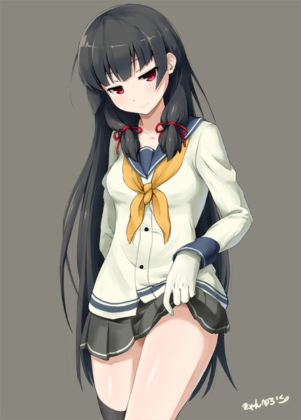 Anime picture 717x1000 with kantai collection isokaze destroyer kyanpero single long hair tall image looking at viewer black hair red eyes light smile grey background skirt lift tress ribbon girl skirt gloves ribbon (ribbons) hair ribbon white gloves sailor suit
