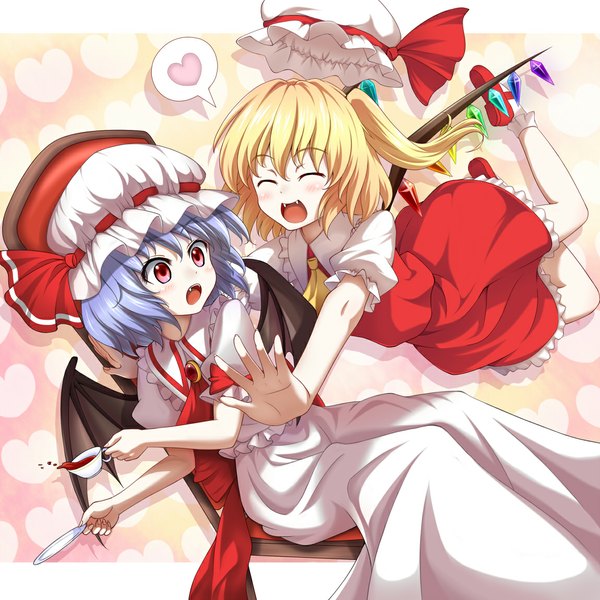 Anime picture 1150x1150 with touhou flandre scarlet remilia scarlet mount whip short hair open mouth blonde hair red eyes multiple girls blue hair eyes closed teeth fang (fangs) one side up girl dress 2 girls wings bonnet cup