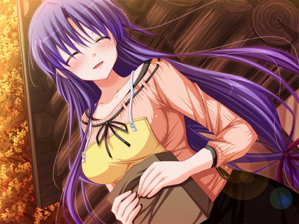 Anime picture 1024x768 with sacred vampire (game) long hair blush smile game cg purple hair eyes closed girl ribbon (ribbons) hair ribbon apron