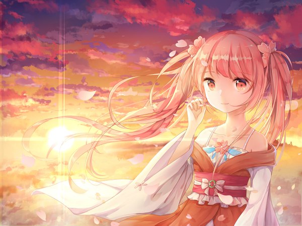 Anime picture 2600x1950 with vocaloid hatsune miku sakura miku yue yue single long hair looking at viewer fringe highres twintails bare shoulders pink hair cloud (clouds) upper body pink eyes light smile evening sunset girl petals