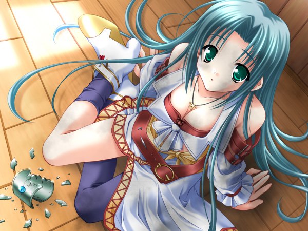 Anime picture 1200x900 with platinum wind fannil single long hair looking at viewer light erotic bare shoulders green eyes game cg aqua hair girl dress detached sleeves shoes boots pendant