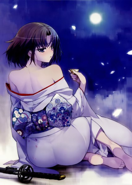 Anime picture 3640x5115 with kara no kyoukai type-moon ryougi shiki namaniku atk single tall image blush highres short hair blue eyes black hair sitting bare shoulders absurdres traditional clothes japanese clothes looking back barefoot back girl