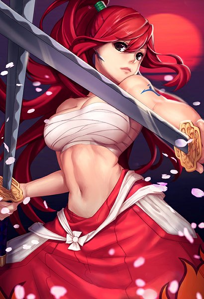 Anime picture 600x877 with fairy tail erza scarlet lucidsky single long hair tall image fringe breasts light erotic bare shoulders brown eyes red hair bare belly tattoo girl navel weapon earrings sword bandage (bandages)