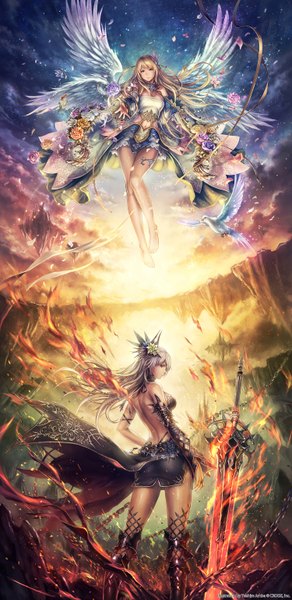Anime picture 1500x3075 with shinma x keishou! ragnabreak original anbe yoshirou long hair tall image blonde hair multiple girls brown eyes sky silver hair cloud (clouds) evening sunset mountain girl dress hair ornament flower (flowers) weapon 2 girls