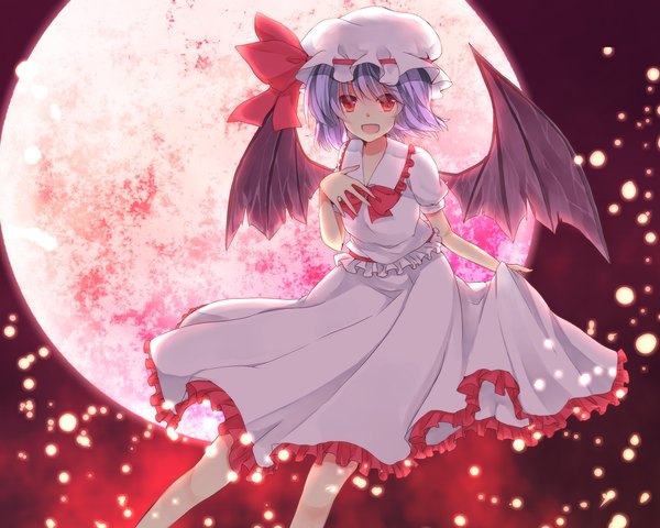 Anime picture 1280x1024 with touhou remilia scarlet uyuu (hirameki) single looking at viewer blush short hair open mouth red eyes sky purple hair night sky red background bat wings red moon girl skirt wings moon full moon