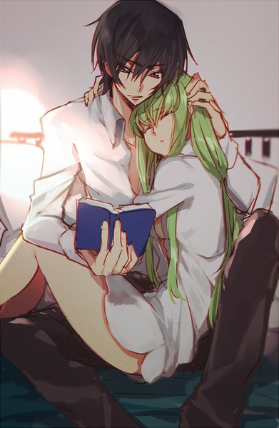 Anime picture 600x920 with code geass sunrise (studio) c.c. lelouch lamperouge creayus long hair tall image fringe breasts light erotic black hair hair between eyes sitting purple eyes holding payot ahoge bent knee (knees) indoors eyes closed