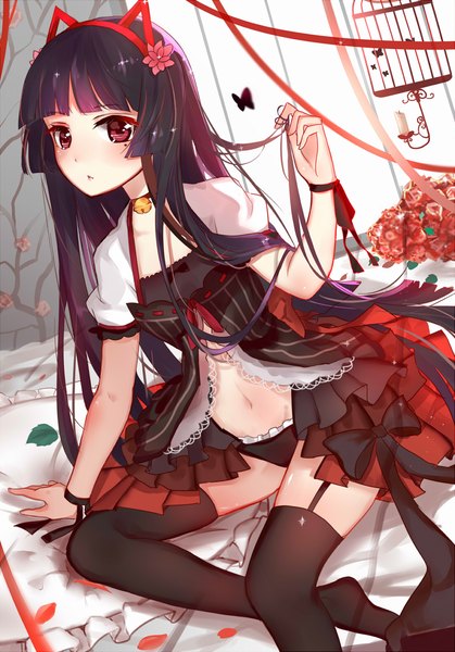 Anime picture 850x1216 with ore no imouto ga konna ni kawaii wake ga nai gokou ruri akira (ying) single long hair tall image blush fringe light erotic black hair red eyes sitting animal ears looking away purple hair bent knee (knees) indoors arm up hair flower cat ears