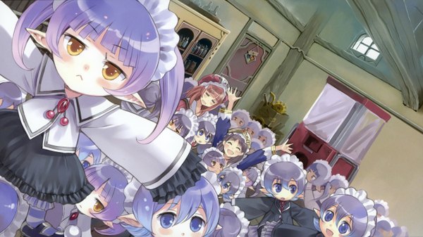Anime picture 2560x1440 with atelier (series) gust (company) totooria helmold rororina fryxell hom kishida mel long hair blush highres short hair open mouth smile brown hair wide image multiple girls yellow eyes absurdres eyes closed pointy ears 6+ girls