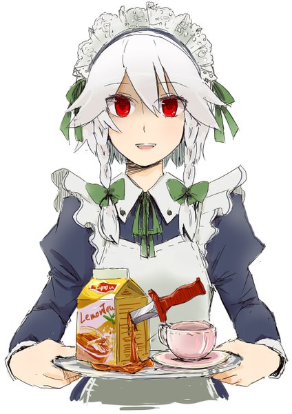 Anime picture 1000x1414 with touhou lipton izayoi sakuya tai0201 single tall image looking at viewer short hair open mouth simple background red eyes white background white hair braid (braids) maid twin braids sketch girl ribbon (ribbons) hair ribbon