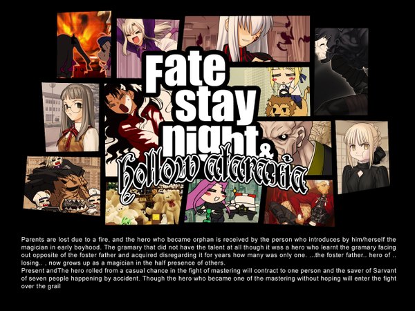 Anime picture 1280x960 with fate (series) fate/stay night fate/hollow ataraxia grand theft auto studio deen type-moon artoria pendragon (all) saber toosaka rin matou sakura illyasviel von einzbern rider archer (fate) berserker true assassin parody ranguage engrish