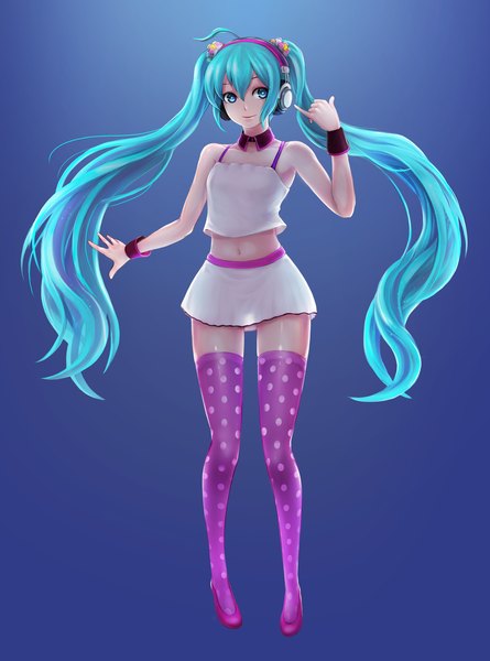 Anime picture 1399x1885 with vocaloid redial (vocaloid) hatsune miku mappung-gun (mhg0106) single tall image blue eyes simple background twintails blue hair looking away very long hair light smile bare belly blue background polka dot girl thighhighs skirt navel