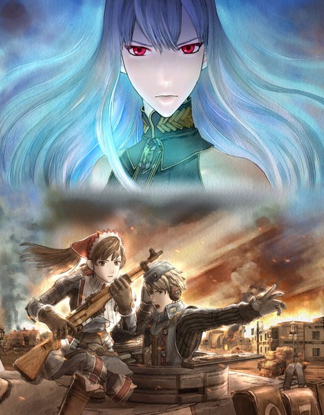 Anime picture 5052x6451 with valkyria chronicles selvaria bles alicia melchiott welkin gunther long hair tall image looking at viewer fringe highres short hair open mouth red eyes brown hair holding brown eyes absurdres silver hair ponytail lips outstretched arm