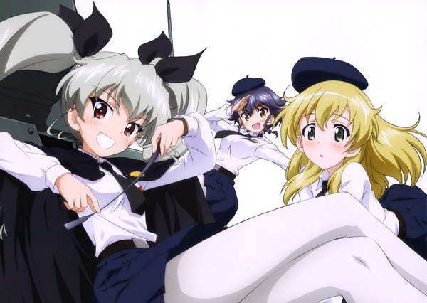 Anime picture 4062x2886 with girls und panzer anchovy (girls und panzer) carpaccio (girls und panzer) pepperoni (girls und panzer) long hair blush highres short hair open mouth blue eyes black hair blonde hair smile red eyes twintails multiple girls absurdres grey hair scan official art