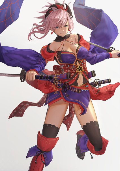 Anime picture 1488x2105 with fate (series) fate/grand order miyamoto musashi (fate) sugi87 single tall image looking at viewer fringe short hair light erotic simple background bare shoulders holding ponytail light smile gradient background floral print spread arms jumping dual wielding
