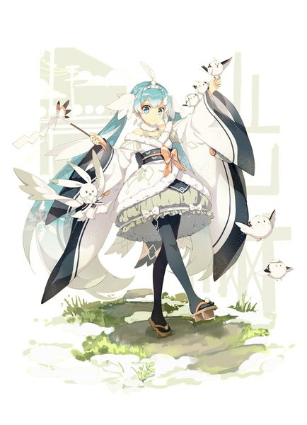 Anime picture 1500x2071 with vocaloid hatsune miku yuki miku rabbit yukine yuki miku (2018) lf single tall image looking at viewer blue eyes twintails holding blue hair full body very long hair traditional clothes japanese clothes arm up wide sleeves walking