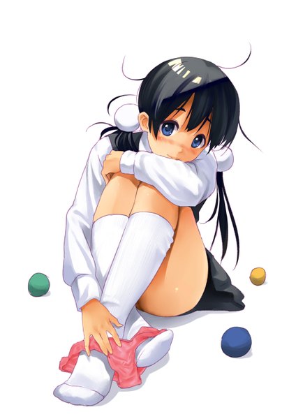 Anime picture 1000x1414 with tamako market kyoto animation kitashirakawa tamako clare (543) single long hair tall image blush blue eyes light erotic black hair smile white background twintails crossed legs panty pull girl skirt hair ornament underwear