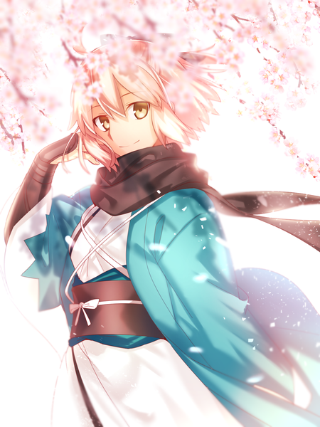 Anime picture 983x1310 with fate (series) koha-ace okita souji (fate) (all) okita souji (koha-ace) seseragi azuma single tall image looking at viewer fringe short hair blonde hair smile hair between eyes yellow eyes traditional clothes japanese clothes cherry blossoms adjusting hair half updo girl