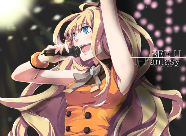 Anime picture 1920x1400 with vocaloid seeu single long hair highres open mouth blue eyes blonde hair smile twintails animal ears cat ears inscription armpit (armpits) sleeveless girl bracelet microphone