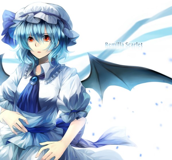 Anime picture 1500x1398 with touhou remilia scarlet kuga huna single short hair red eyes blue hair looking away girl dress wings frills bonnet
