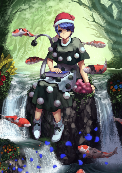 Anime picture 1447x2046 with touhou doremy sweet berabou single tall image short hair sitting purple eyes purple hair tail animal tail fur trim looking down waterfall girl dress flower (flowers) plant (plants) hat animal