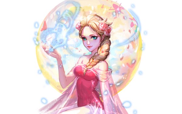 Anime picture 2421x1521 with frozen (disney) disney elsa (frozen) sangrde single long hair looking at viewer highres breasts blonde hair green eyes hair flower lips lipstick magic red lipstick girl dress flower (flowers)