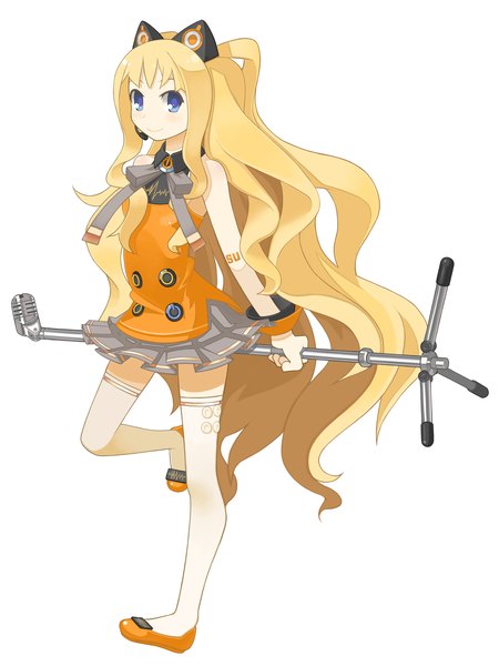 Anime picture 1200x1600 with vocaloid seeu single long hair tall image blue eyes simple background blonde hair white background animal ears cat ears girl thighhighs skirt bow miniskirt white thighhighs microphone microphone stand