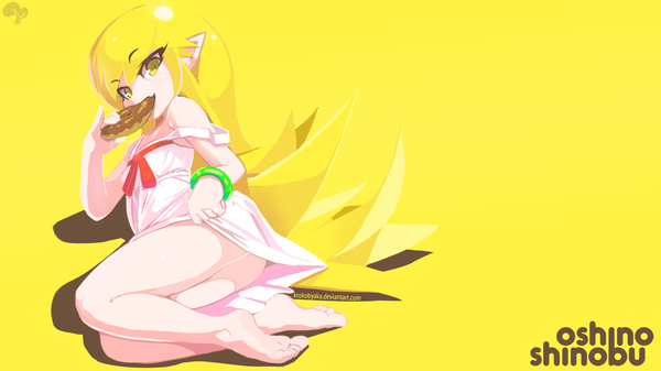 Anime picture 1920x1080 with bakemonogatari shaft (studio) monogatari (series) oshino shinobu krokobyaka single long hair looking at viewer highres light erotic simple background blonde hair wide image yellow eyes full body ass barefoot pointy ears wallpaper character names