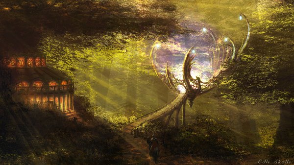 Anime picture 1500x844 with edli (artist) wide image riding plant (plants) tree (trees) building (buildings) forest bridge horse