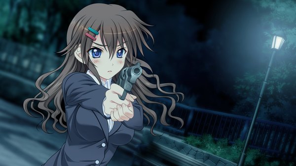 Anime picture 1024x576 with owaru sekai to birthday long hair blue eyes brown hair wide image game cg girl weapon gun pistol