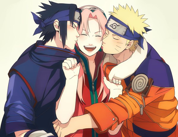 Anime picture 1000x773 with naruto studio pierrot naruto (series) uzumaki naruto uchiha sasuke haruno sakura oba-min blush fringe short hair open mouth black hair blonde hair simple background pink hair eyes closed fingernails multiple boys teeth facial mark