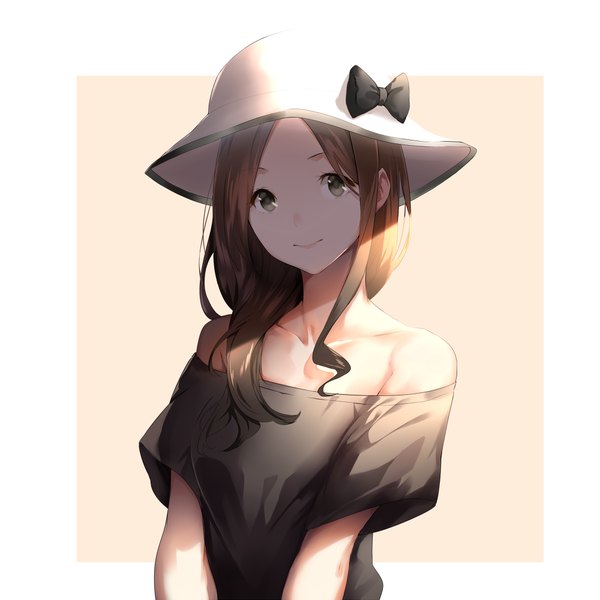 Anime picture 1000x1000 with kimi no na wa okudera miki sola (solo0730) single long hair looking at viewer blush simple background smile brown hair bare shoulders brown eyes upper body head tilt shadow short sleeves girl bow hat