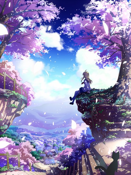 Anime picture 800x1066 with original mochizuki saku single long hair tall image blonde hair sitting sky cloud (clouds) from above wind sunlight cherry blossoms city cityscape scenic panorama girl uniform plant (plants)