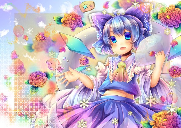 Anime picture 1414x1000 with touhou cirno mishaguji pjrmhm coa single looking at viewer blush short hair open mouth blue eyes blue hair ahoge hakurei reimu (cosplay) girl flower (flowers) bow hair bow detached sleeves animal petals