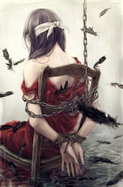 Anime picture 728x1100 with original nuwanko single long hair tall image black hair bare shoulders head tilt fingernails from behind back bondage girl dress water chain feather (feathers) chair red dress rope